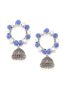 Anouk Blue & White Oxidised Silver-Plated Enamelled Dome Shaped Jhumkas