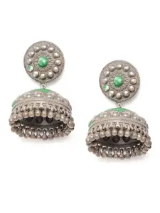 Anouk Green Oxidised Silver-Plated Enamelled Dome Shaped Jhumkas