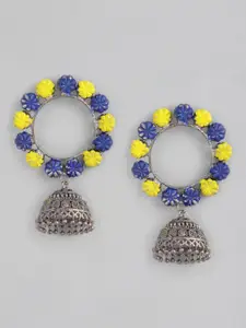 Anouk Blue & Yellow Oxidised Silver-Plated Enamelled Dome Shaped Jhumkas