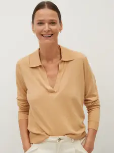 MANGO Women Beige Solid Polo Collar Pullover