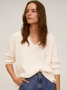 MANGO Women Cream-Coloured Ribbed Pullover