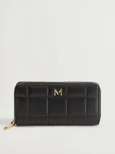 MANGO Women Black Quilted Zip Around Wallet