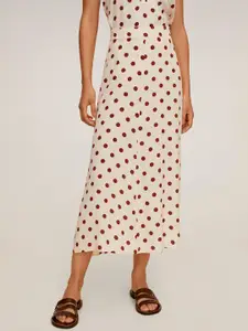 MANGO Women Off-White & Brown Sustainable Polka Dot Print Midi A-Line Skirt
