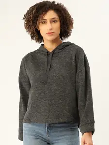 MANGO Women Charcoal Grey Solid Hooded Sweatshirt