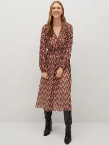 MANGO Women Maroon & White Printed A-Line Dress
