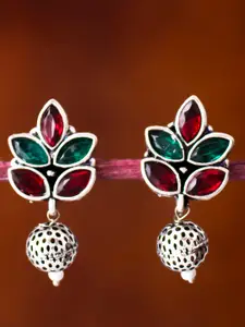 Sukkhi Red & Green Rhodium-Plated Oxidised Geometric Drop Earrings