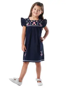 Cherry Crumble Girls Navy Blue & Pink Embroidered A-Line Dress