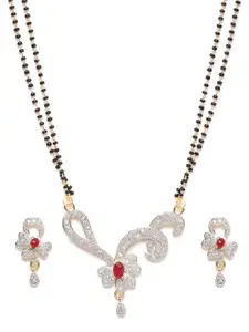 YouBella Black & Pink Gold-Plated Stone-Studded & Beaded Mangalsutra with Earrings