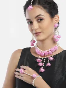 YouBella Pink & White Beaded Floral Jewellery Set with Maang Tika & Ring Bracelet