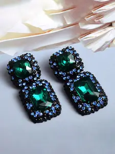 YouBella Green & Black Stone-Studded Geometric Drop Earrings