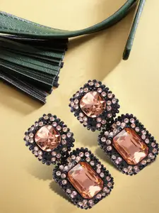 YouBella Peach-Coloured & Black Stone Studded Geometric Drop Earrings