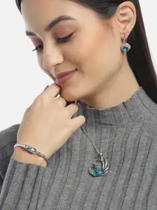 YouBella Blue Silver-Plated Stone-Studded Jewellery Set with Bracelet