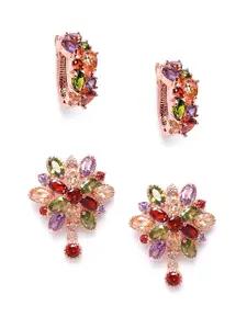 YouBella Women Set of 2 Green & Purple Rose Gold Plated Stone Studded Earrings