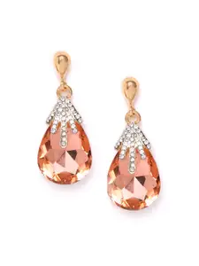YouBella Peach-Coloured Gold-Plated Stone-Studded Teardrop-Shaped Drop Earrings