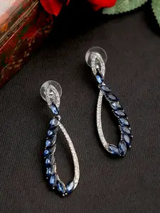 YouBella Navy Blue Silver-Plated Stone-Studded Contemporary Drop Earrings