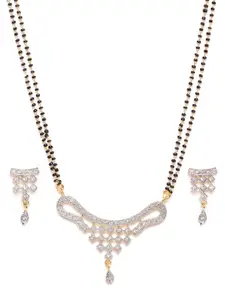 YouBella Black Gold-Plated Stone-Studded & Beaded Dual-Stranded Mangalsutra with Earrings