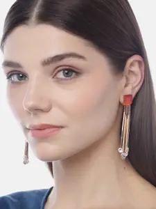 YouBella Red Gold-Plated Stone-Studded Contemporary Drop Earrings