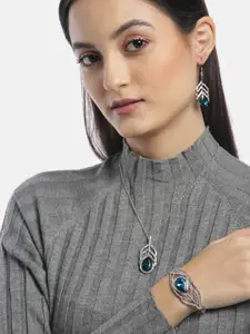 YouBella Blue Silver-Plated Stone Studded Jewellery Set with Bracelet