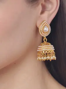 YouBella Off-White Gold-Plated Beaded Dome-Shaped Jhumkas