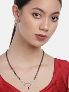 YouBella Black & Pink Gold-Plated Stone-Studded & Beaded Mangalsutra with Earrings