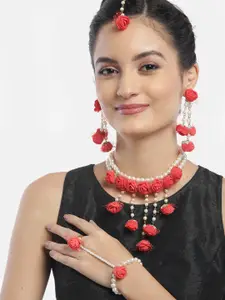 YouBella Women Red & White Beaded Floral Jewellery Set with Maang Tika & Ring Bracelet