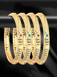 YouBella Set of 4 Green & Magenta Gold-Plated Stone-Studded Bangles