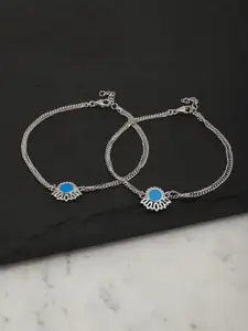 Carlton London Set of 2 Silver-Toned & Blue Rhodium-Plated Dual Stranded Enamelled Anklets