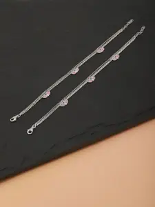 Carlton London Set of 2 Silver-Toned & Pink Rhodium-Plated Dual Stranded Enamelled Anklets