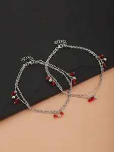Carlton London Set of 2 Silver-Toned & Red Rhodium-Plated Beaded Layered Anklets