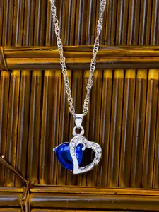 Sukkhi Rhodium-Plated Silver-Toned & Blue Crystal-Studded Joint Valentine Heart Pendant With Chain