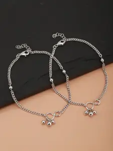 Carlton London Set of 2 Silver-Toned Rhodium-Plated Beaded Anklets