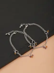 Carlton London Set of 2 Silver-Toned & Purple Rhodium-Plated Beaded Anklets