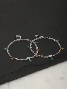 Carlton London Set of 2 Silver-Toned & Blue Rhodium-Plated Beaded Layered Anklets