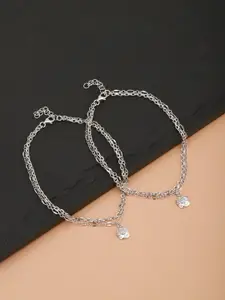 Carlton London Set of 2 Silver-Toned Rhodium-Plated Layered Floral Link Anklets