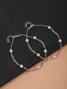 Carlton London Set of 2 Silver-Toned & Off-White Rhodium-Plated Beaded Link Anklets