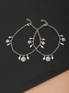 Carlton London Set of 2 Silver-Toned Rhodium-Plated Floral & Leaf Shaped Anklets