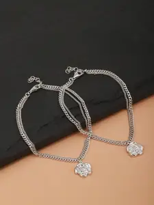 Carlton London Set of 2 Silver-Toned Rhodium-Plated Floral-Shaped Layered Anklets