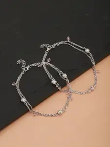 Carlton London Set of 2 Silver-Toned & Pink Rhodium-Plated Beaded Layered Anklets