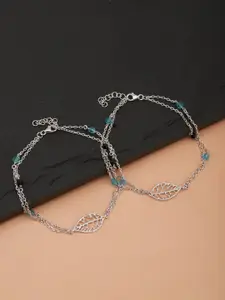 Carlton London Set of 2 Silver-Toned Rhodium-Plated Beaded Layered Anklets