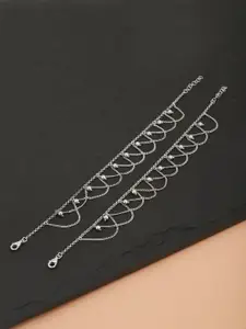 Carlton London Set of 2 Silver-Toned Rhodium-Plated Layered Anklets