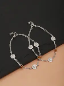 Carlton London Set of 2 Silver-Toned & Yellow Rhodium-Plated Beaded Floral-Shaped Anklets