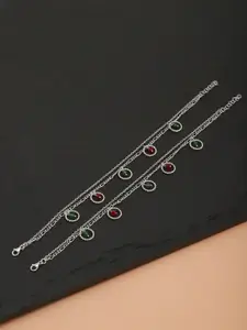 Carlton London Set of 2 Silver-Toned & Green Beaded Rhodium-Plated Layered Anklets
