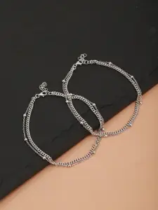 Carlton London Set of 2 Silver-Toned Beaded Rhodium-Plated Layered Anklets