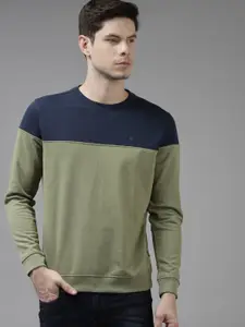 Van Heusen Sport Men Olive Green & Navy Blue Colourblocked Sweatshirt