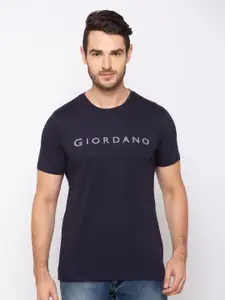 GIORDANO Men Navy Blue Slim Fit Printed Round Neck T-shirt