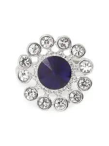 Mahi Silver-Toned & Blue Crystal-Studded Floral Inspired Finger Ring