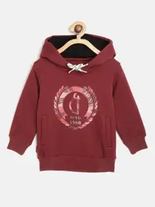 Gini and Jony Boys Maroon Brand Logo Print Hooded Sweatshirt