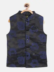 Gini and Jony Boys Black & Navy Blue Floral Patterned Regular Fit Nehru Jacket