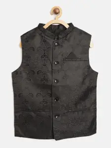Gini and Jony Boys Black Floral Woven Design Nehru Jacket