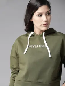 Roadster Women Olive Green Printed Detail Hooded Cropped Sweatshirt